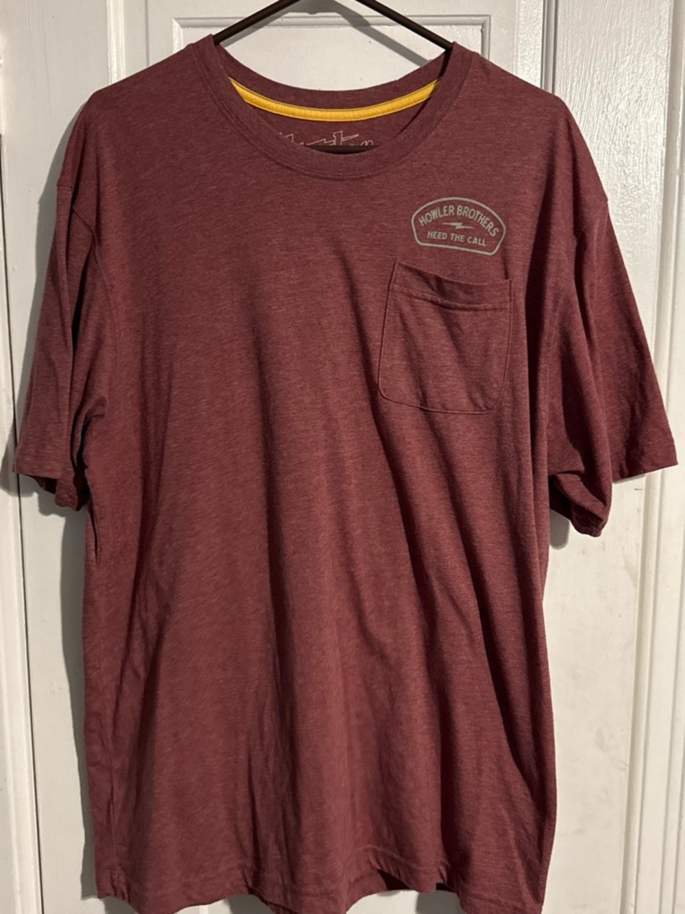 Howler Brothers Maroon Short Sleeve Pocket Tee with Yellow Neck Detail